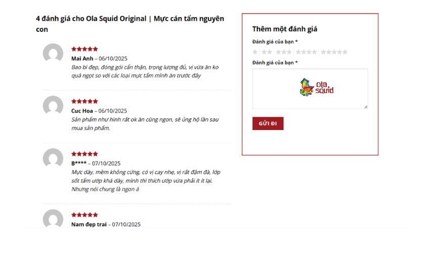 Ola Squid Original | Mực cán tẩm nguyên con 14 Phản hồi khách hàng về Mực cán tẩm nguyên con