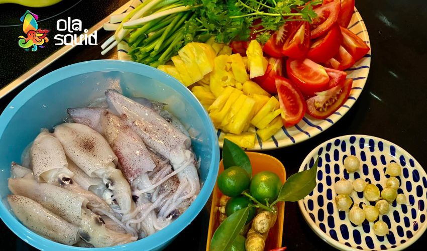 Cách nấu bún mực chuẩn vị Phú Yên, nước trong, mực giòn 1 Nguyên liệu để nấu bún mực Phú Yên chuẩn vị