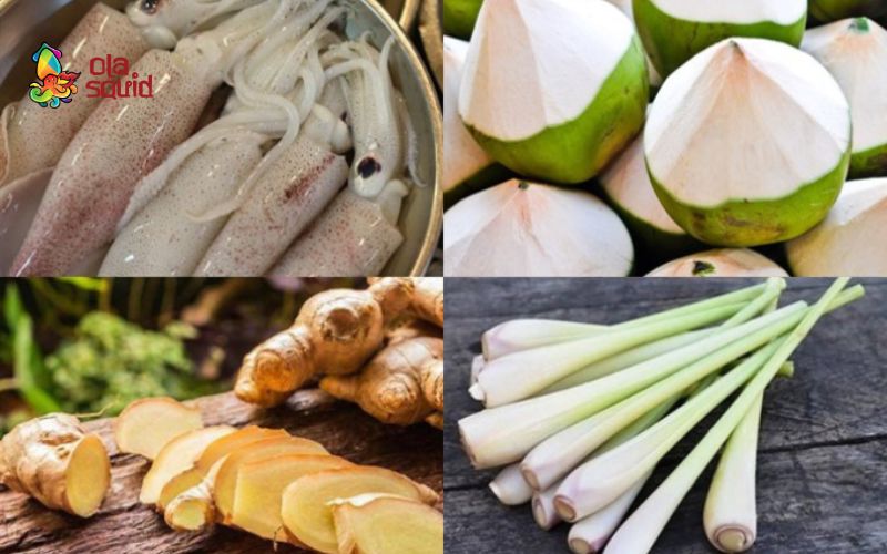 Hướng dẫn cách làm mực hấp nước dừa thơm khó cưỡng 2 Chuẩn bị các nguyên liệu để làm mực hấp dừa