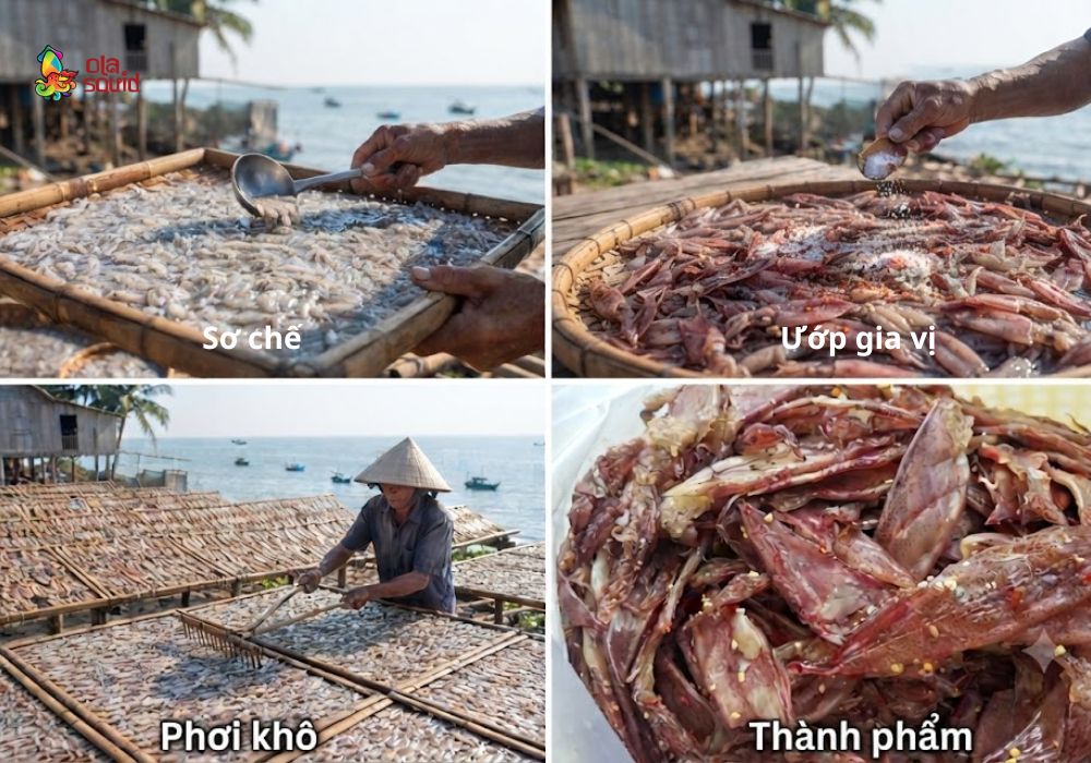 Mực cơm khô là gì? Giá bán và cách bảo quản đúng chuẩn 1 Quy trình chế biến mực cơm khô truyền thống