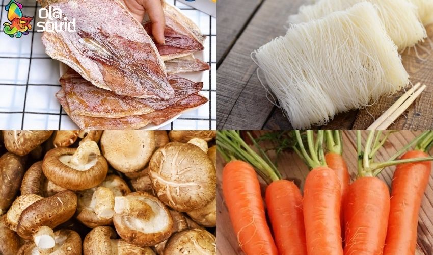 Cách làm miến xào mực khô thơm ngon, dai giòn chuẩn vị tại nhà 1 Mực, miến, nấm hương, cà rốt, rau là những nguyên liệu chính làm nên miến xào mực khô