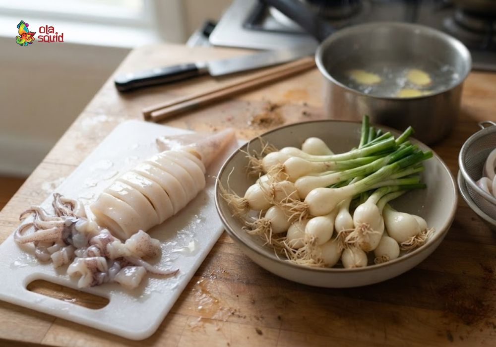 Cách làm mực xào củ kiệu giòn dai đậm đà 2 Sơ chế và chần sơ mực, chuẩn bị củ kiệu cùng các nguyên liệu