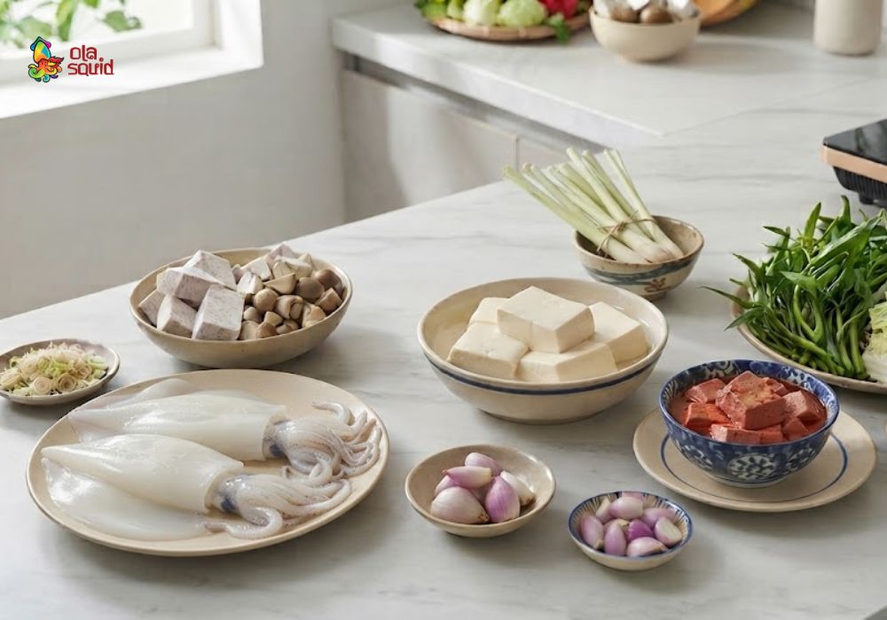 How to Make Rich and Creamy Squid Hot Pot with Fermented Tofu Super Easy 1 Preparing fresh, high-quality ingredients