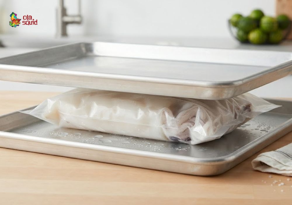 4 cách rã đông mực nhanh, giữ độ tươi ngọt tự nhiên 5 Đặt mực đã bọc kín giữa hai bề mặt kim loại sạch để hỗ trợ quá trình rã đông