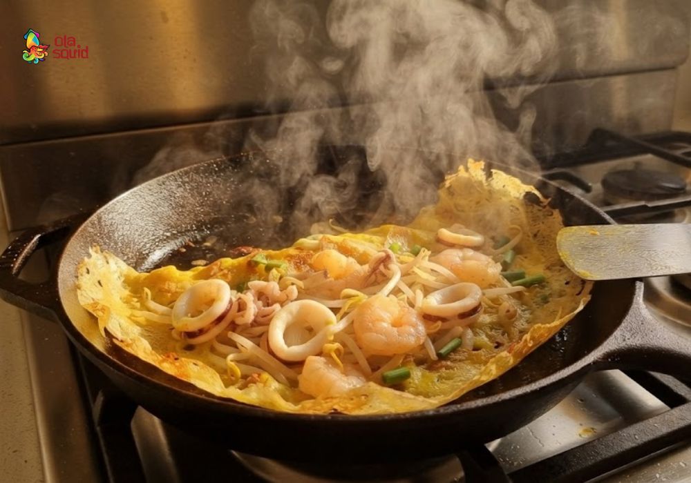 Cách làm bánh xèo tôm mực giòn rụm tại nhà, không tanh 6 Đổ bánh xèo tôm mực mỏng giòn, vàng đều