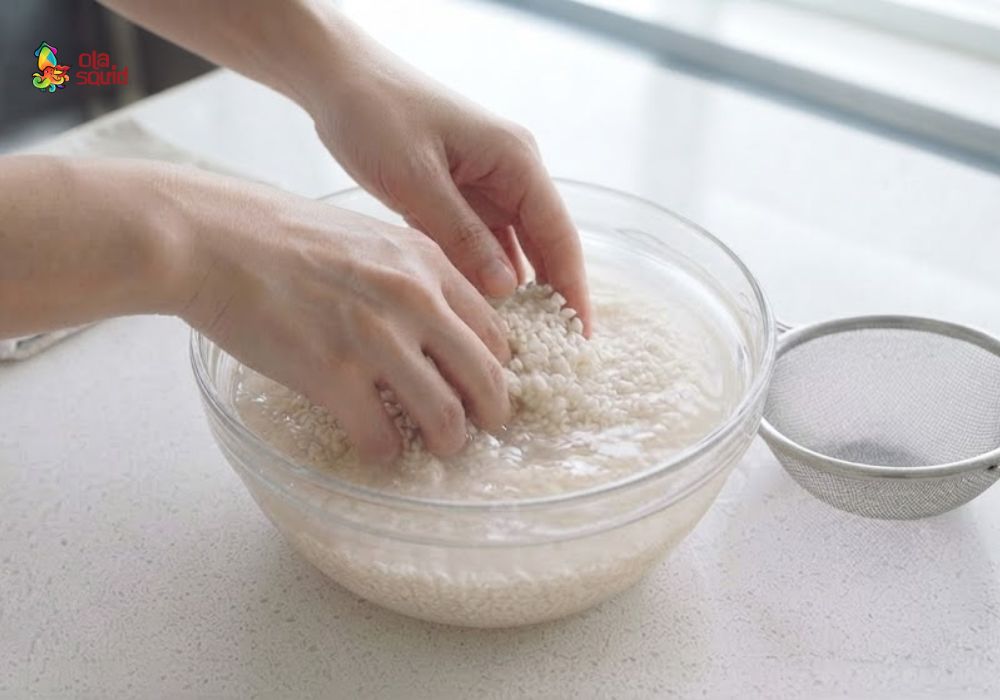 How to Make Authentic Ha Long Squid Cake Sticky Rice Like a Restaurant 6 Soak 'cai hoa vang' glutinous rice to expand the grains evenly, helping the sticky rice become soft and fragrant