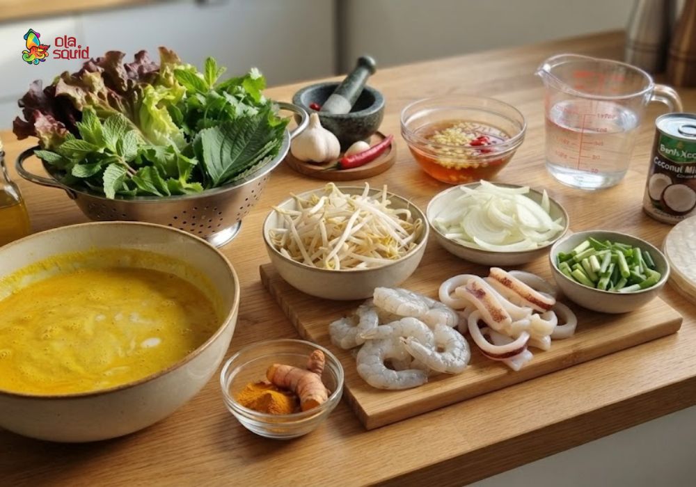 Cách làm bánh xèo tôm mực giòn rụm tại nhà, không tanh 1 Nguyên liệu cần chuẩn bị để làm bánh xèo tôm mực