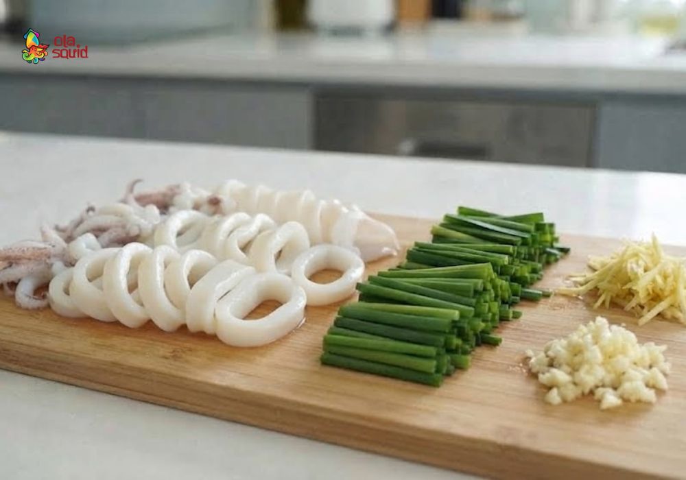Cách làm mực xào bông hẹ giòn ngọt, thơm ngon 2 Sơ chế mực, bông hẹ và các nguyên liệu trước khi xào