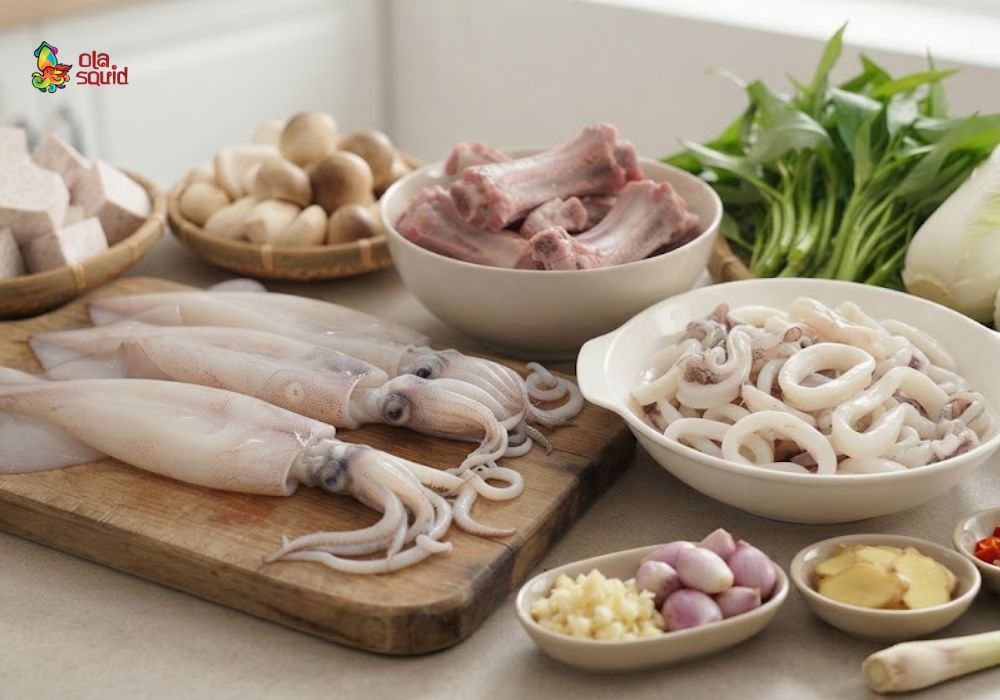 How to Make Rich and Creamy Squid Hot Pot with Fermented Tofu Super Easy 2 Prepping squid and ingredients before cooking hotpot