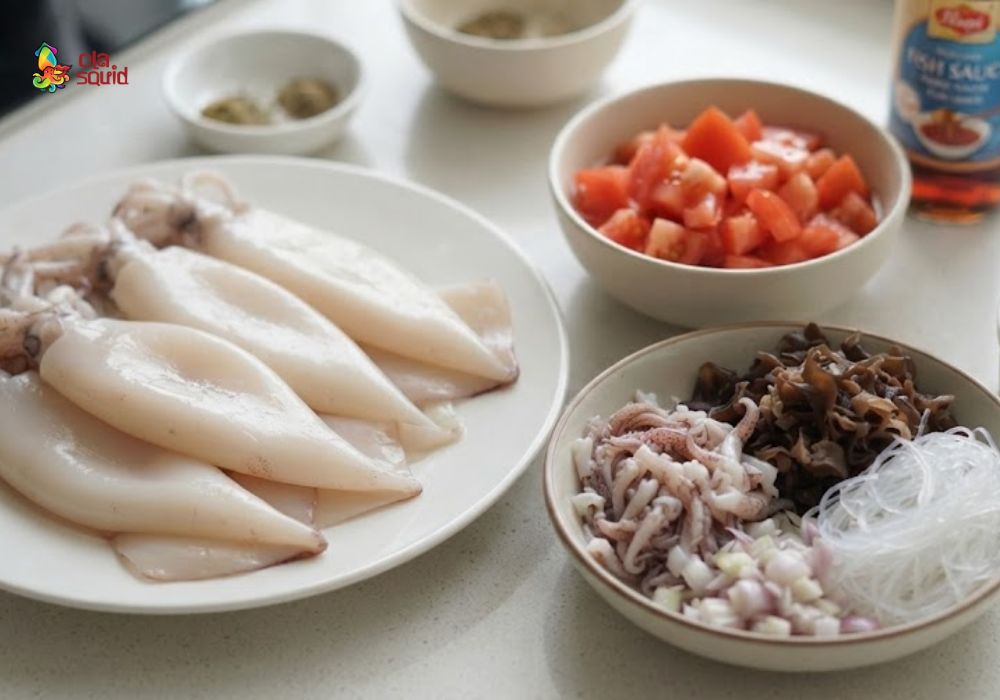 Cách làm mực nhồi thịt sốt cà chua đậm đà dễ làm 2 Sơ chế mực và nguyên liệu làm nhân, sốt cà chua