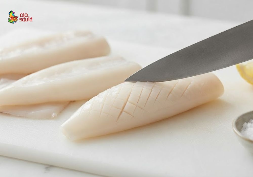 How to Make Delicious Grilled Squid with Chili and Salt at Home 3 Prepare and score the squid body with criss-cross patterns before marinating with chili salt