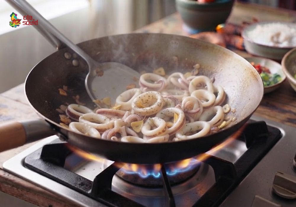 Cách làm mực lá xào bầu ngon, giòn ngọt đơn giản 4 Xào mực lá trên lửa lớn cho săn giòn, giữ vị ngọt tự nhiên