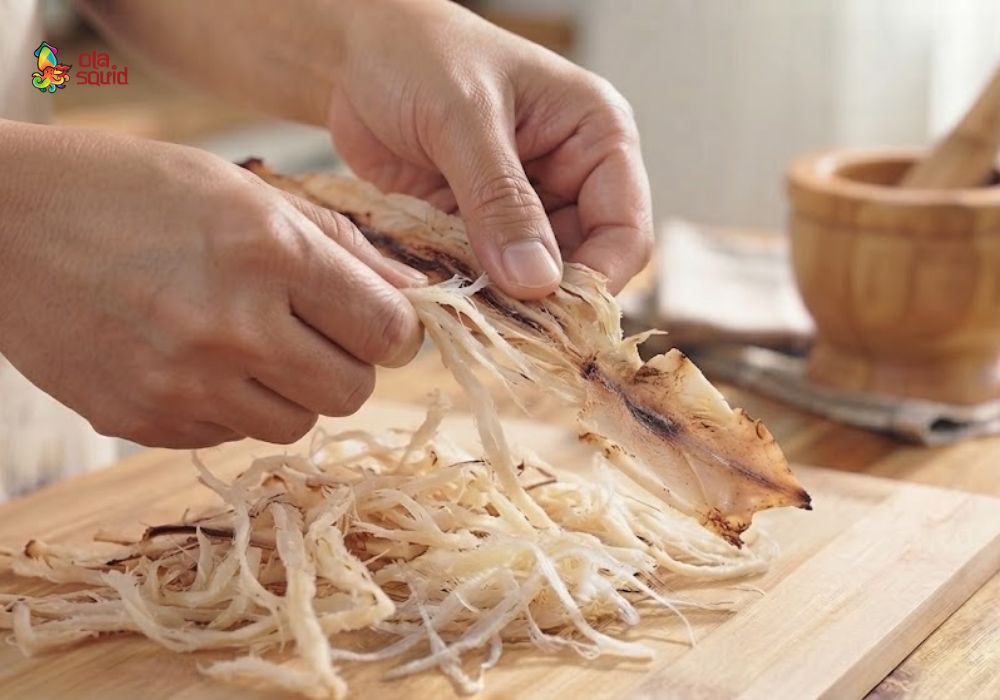 Cách làm mực khô xé sợi tại nhà thơm ngon lạ miệng 8 Xé mực khi còn ấm thành những sợi vừa ăn