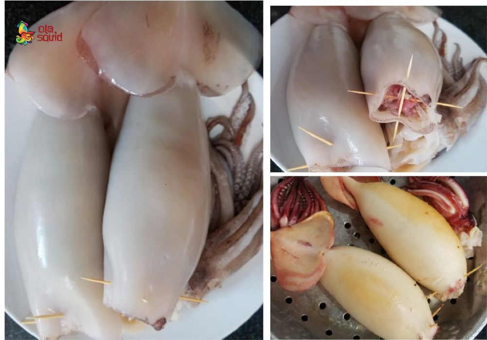 Cách làm mực nhồi thịt rim nước mắm đậm đà, đưa cơm 4 Nhồi thịt vào thân mực, ghim cố định rồi hấp sơ để giữ phần nhân bên trong